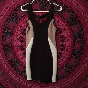 Black tan and white mini dress